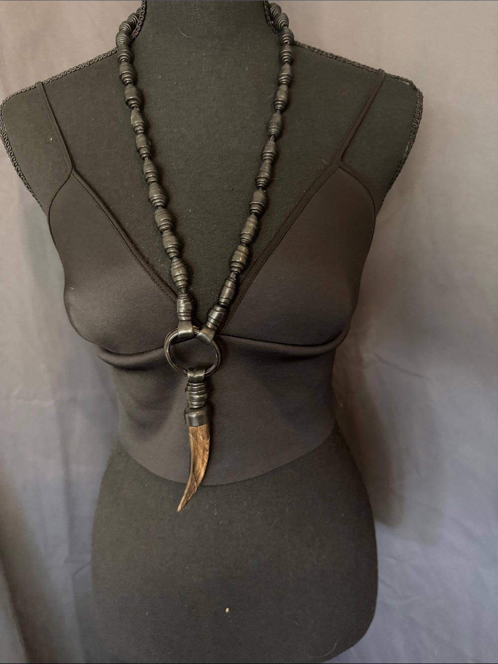 Source Unknown BlackLeather Wrapped Beaded Necklace with Brown Horn Pendant